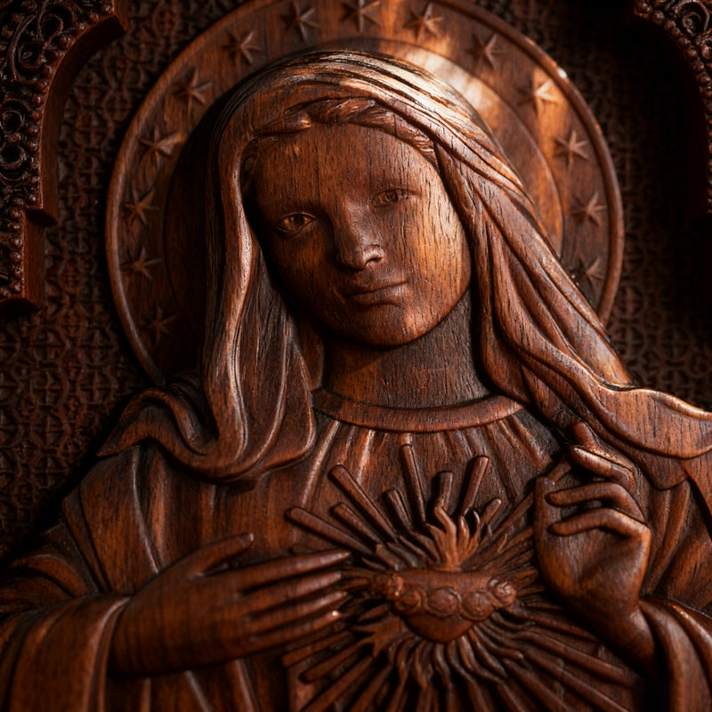 Immaculate Heart of Mary Hand-Carved Beech Wood Sculpture | Sacred Home Altar Ornament