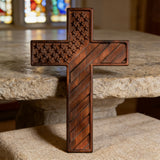 American Flag Cross - Carved in Natural Wood