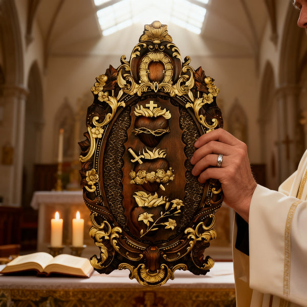 The Holy Family Sacred Hearts Triptych - Hand-Painted Wood Carving