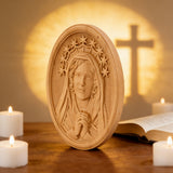 Our Lady in Tears and Prayer with a Nine-Star Halo — Hand-Carved Beechwood Statue