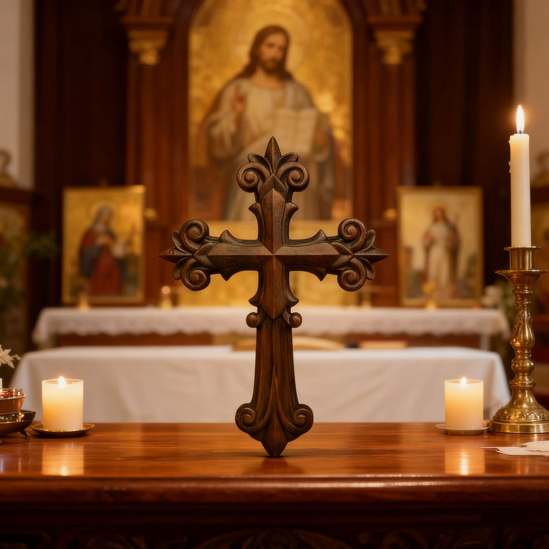 Bgcopper Ornate Wooden Cross - Carved from natural wood