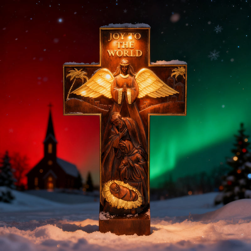 Christmas cross, Nativity cross,Joy to the world wood carving- best Christmas gift