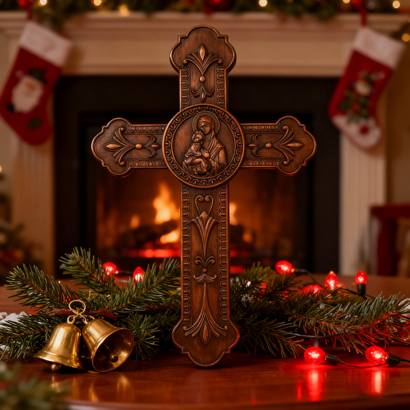 Wooden crucifix of the Virgin, Virgin Mary, Baby Jesus, religious wooden icon, wall crucifix, wall decoration