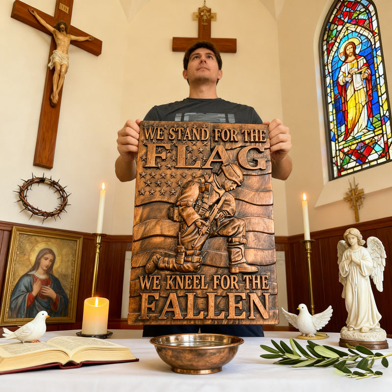 We Stand For The Flag, We Kneel For The Fallen -American soldier wood carving memorial icon