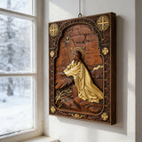 Jesus in Gethsemane Hand-Carved Wood Wall Art: The Weight of His Humble Sorrow
