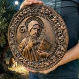Saint Benedict religious icon, natural wood carved wall decoration