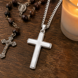 Minimal Polished Stainless Steel Cross Necklace, Classic Plain Cross Pendant with Cuban Chain, Religious - size and finish detail