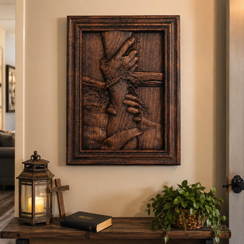Close-up of hand-carved beech wood grain and painted relief details