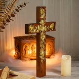 Hand-Carved Rose Cross Wall Art ✝️🌹 | Solid Beechwood Christian Decor with Golden Flowers