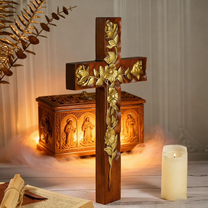Hand-Carved Rose Cross Wall Art ✝️🌹 | Solid Beechwood Christian Decor with Golden Flowers