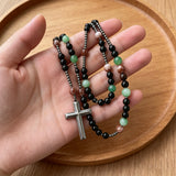 Natural Stone Rosary Cross Necklace – Faith, Earth & Timeless Devotion