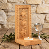 Holy Family Three Sacred Hearts Candlestick Wooden Carved Tabletop Arrangement