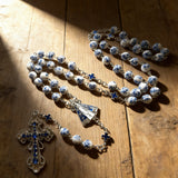 Our Lady & Cross Rosary: 8mm Blue Floral Acrylic Beads with Alloy Chain