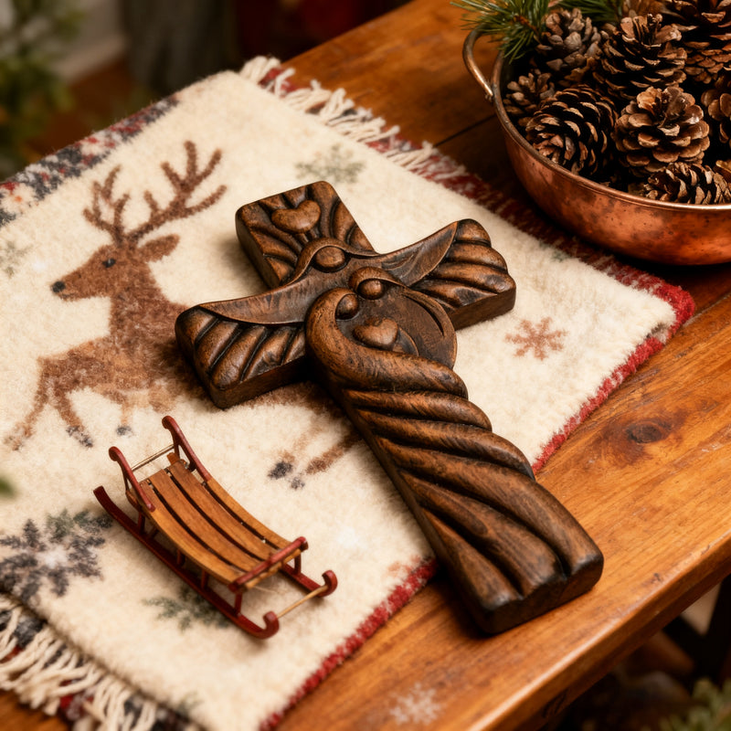 Holy Family wood icon decoration, Joseph, Mary, Baby Jesus, carved wooden cross, wall decoration