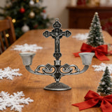 Vintage Jesus Cross Candelabra: Faith Woven into Warm Glow