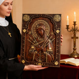 Our Lady of Sorrows Wooden Wall Decor - Our Lady of the Seven Arrows Softens the Heart of Evil