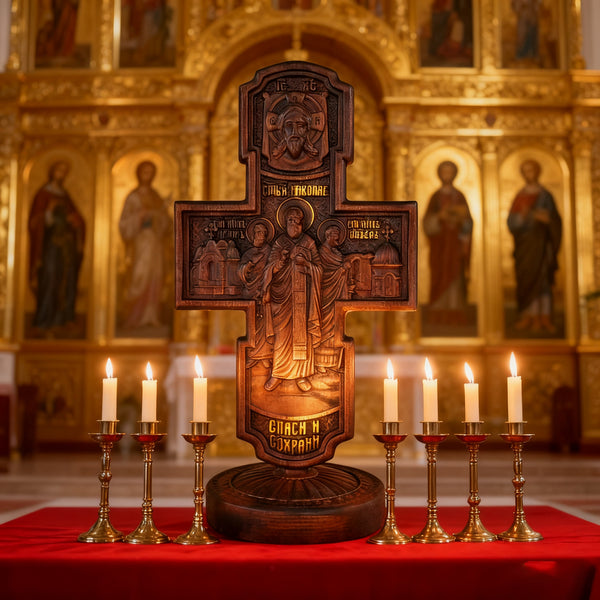 Double-Sided Icon Wood Carving ✝️ | Hand-Carved Crucifix & Saints Beechwood Wall Art