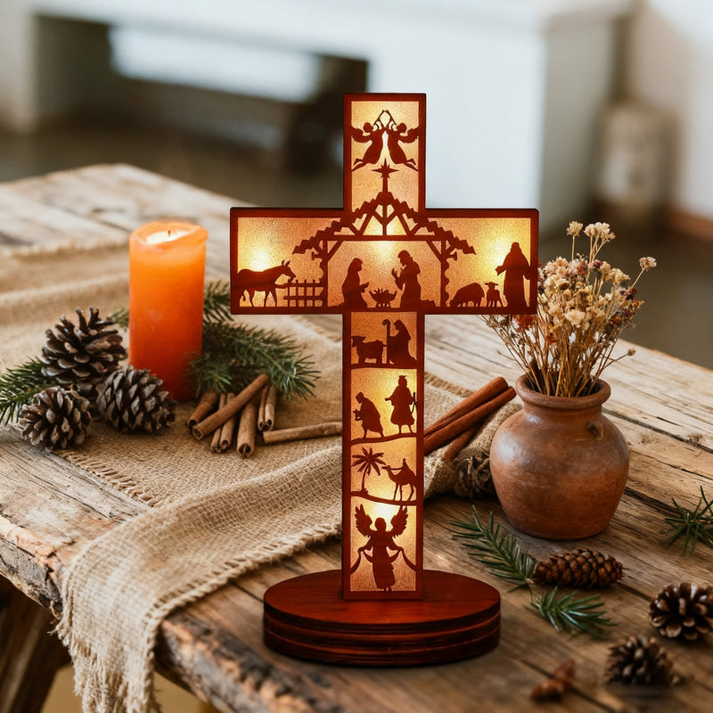 Boxwood LED Nativity Cross – The Light of Christ Shines Within