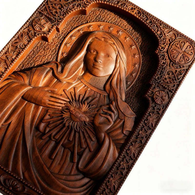 Immaculate Heart of Mary Hand-Carved Beech Wood Sculpture | Sacred Home Altar Ornament