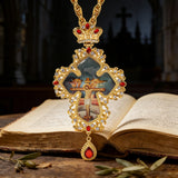 Gilded Leaf-Edged Jesus Crucifix Necklace: Elegance Woven with Faith