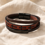 Multi‑Layer Braided Cross Printed Men Leather Bracelet, Vintage PU Leather Magnetic Clasp Religious Wrist Jewelry