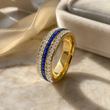 Three Row Blue & White Cubic Zirconia Eternity Ring, 6mm Titanium Steel Full Paved Stackable Band, Elegant Wedding Promise Ring for Women