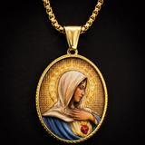 Enamel Immaculate Heart Virgin Mary Oval Gold Stainless Steel Necklace