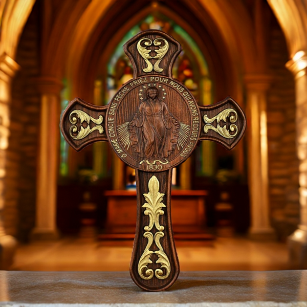 Miracle Medal Wooden Double Sided Wood Carving