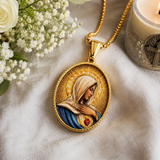 Enamel Immaculate Heart Virgin Mary Oval Gold Stainless Steel Necklace - design detail