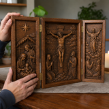 The Life of Christ Hand-Carved Beechwood Triptych – From Nativity to Resurrection Glory