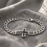 Men’s Carbon Fiber Inlay Cross Curb Chain Bracelet, 316L Stainless Steel Adjustable Religious Faith Bracelet, Silver & Gold Tone Christian Gift for Him