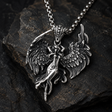 Vintage Archangel Stainless Steel Necklace, 3D Embossed Angel Pendant Box Chain for Men