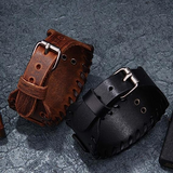 Black Wide Leather Bracelet Men's Bracelet Braided Genuine Leather Bangle Wristbands Viking Totem Odin Pattern Vintage Cuff
