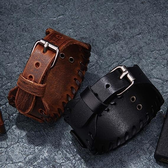 Black Wide Leather Bracelet Men's Bracelet Braided Genuine Leather Bangle Wristbands Viking Totem Odin Pattern Vintage Cuff