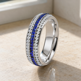 Three Row Blue & White Cubic Zirconia Eternity Ring, 6mm Titanium Steel Full Paved Stackable Band, Elegant Wedding Promise Ring for Women