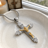 Zircon crucifix pendant necklace silver and gold tone detail