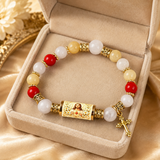 Chalcedony Cross Beaded Bracelet, Vintage Religious Printed Tube Bead Faith Jewelry for Women