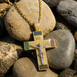 Multicolor Zircon Jesus Crucifix Gold‑Tone Stainless Steel Necklace