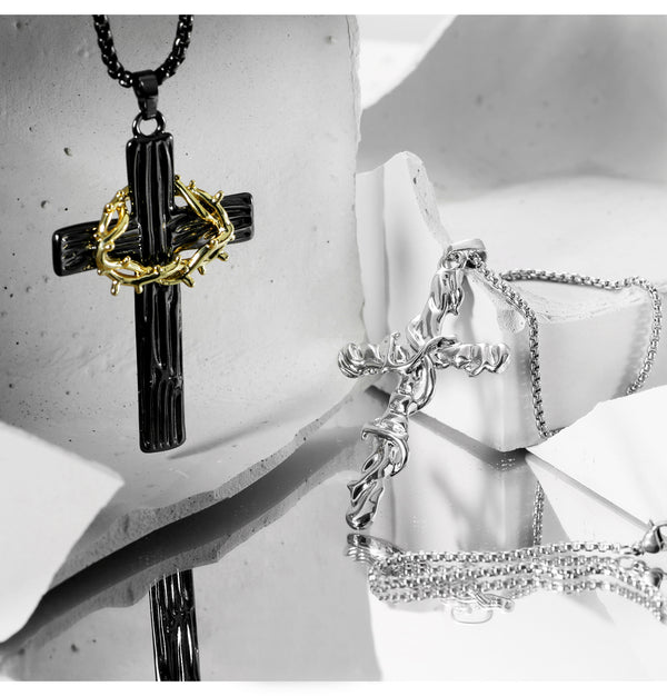 Thorn cross black and white couple necklace