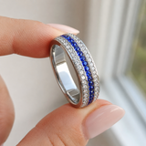 Three Row Blue & White Cubic Zirconia Eternity Ring, 6mm Titanium Steel Full Paved Stackable Band, Elegant Wedding Promise Ring for Women
