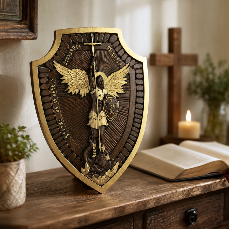 Guardian Michael Wood Carving - Handcrafted Spiritual Shield