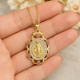Two‑Tone Rose Virgin Mary Necklace, Vintage Zircon Religious Pendant for Women