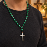 Green Malachite-Style Bead Christian Cross Prayer Rosary Necklac
