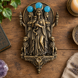 Triple Hecate Wall Sculpture – Antique Bronze Goddess Decor with Blue Orb Accents