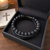 Triple Strand Natural Tiger Eye & Lava Rock Braided Leather Men’s Bracelet