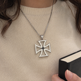 Men's Hollow Maltese Cross Stainless Steel Necklace, Vintage Knight Pendant Box Chain For Men