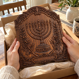 Hand-Carved Beech Wood Menorah & Olive Tree Plaque – Jewish Faith Home Décor