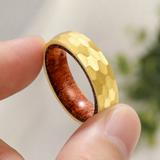 Hammered Titanium Steel Ring with Natural Wood Inner Liner, 6mm Vintage Domed Band, Rustic Wooden Inlay Wedding Promise Ring for Men & Women