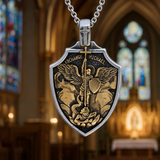 Archangel Michael Shield Pendant Necklace for Men,316L Stainless Steel Vintage 3D Relief Religious Amulet Necklace,Faith Protection Jewelry Gift