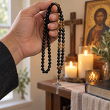 Black Stone & Wood Bead Crucifix Rosary Necklace – 70cm Christian Prayer Rosary